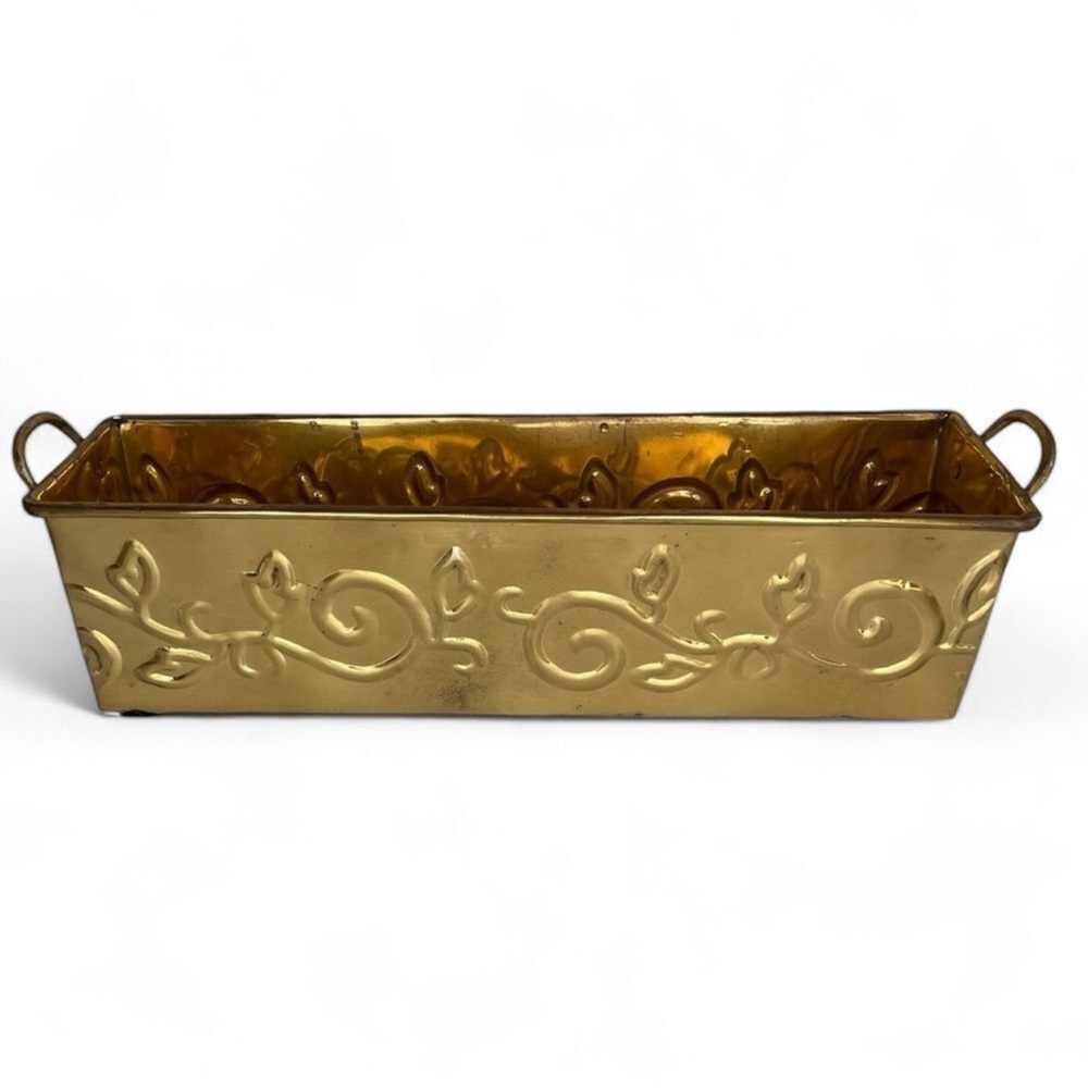 Hosley Floral Vine Embossed Trough Rectangular Brass with Handles Planter